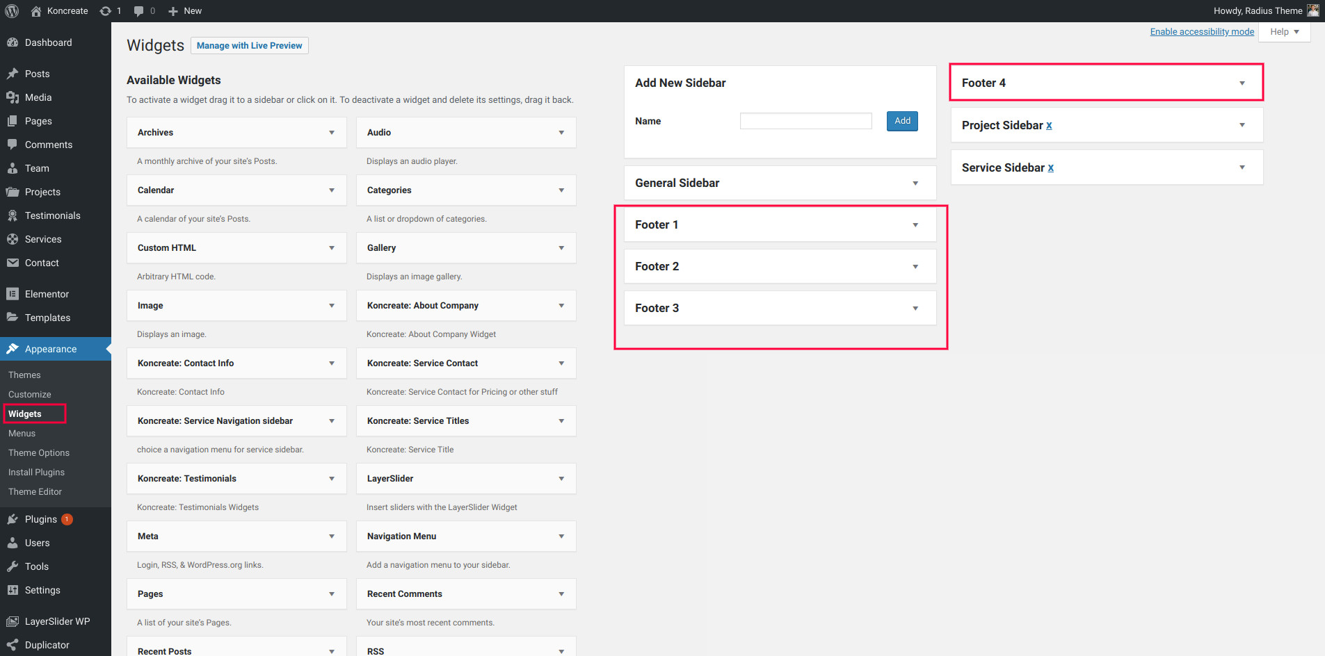 koncrete theme footer widget